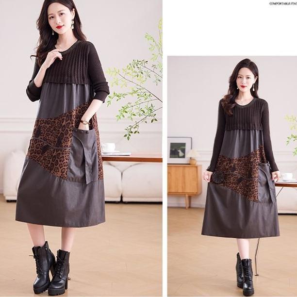 Women's long Sweater Dress Knitted Patchwork PU Leather A-Line Dress Plus Size Knitted Dress for Autumn and Winter ...