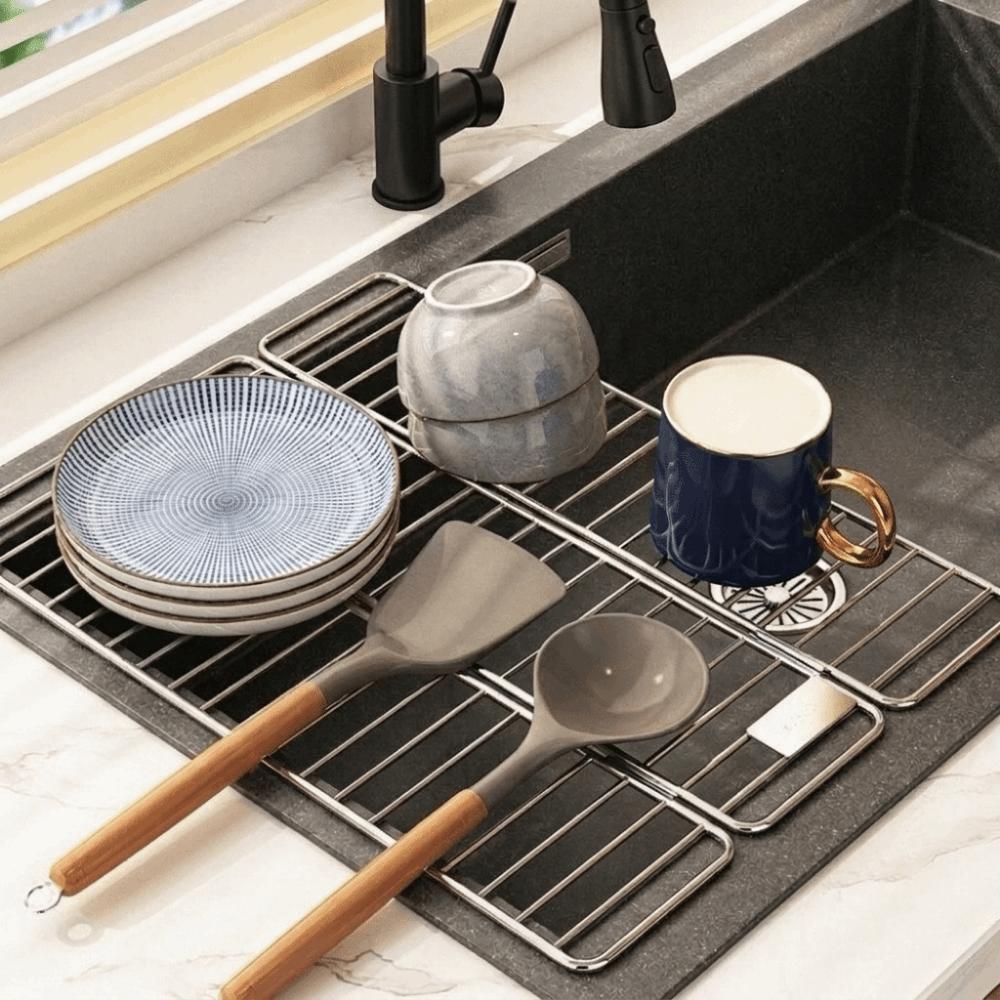 Adjustable Sink Dish Drying Rack Rust‑Resistant Over Sink Drain Mat for Kitchen