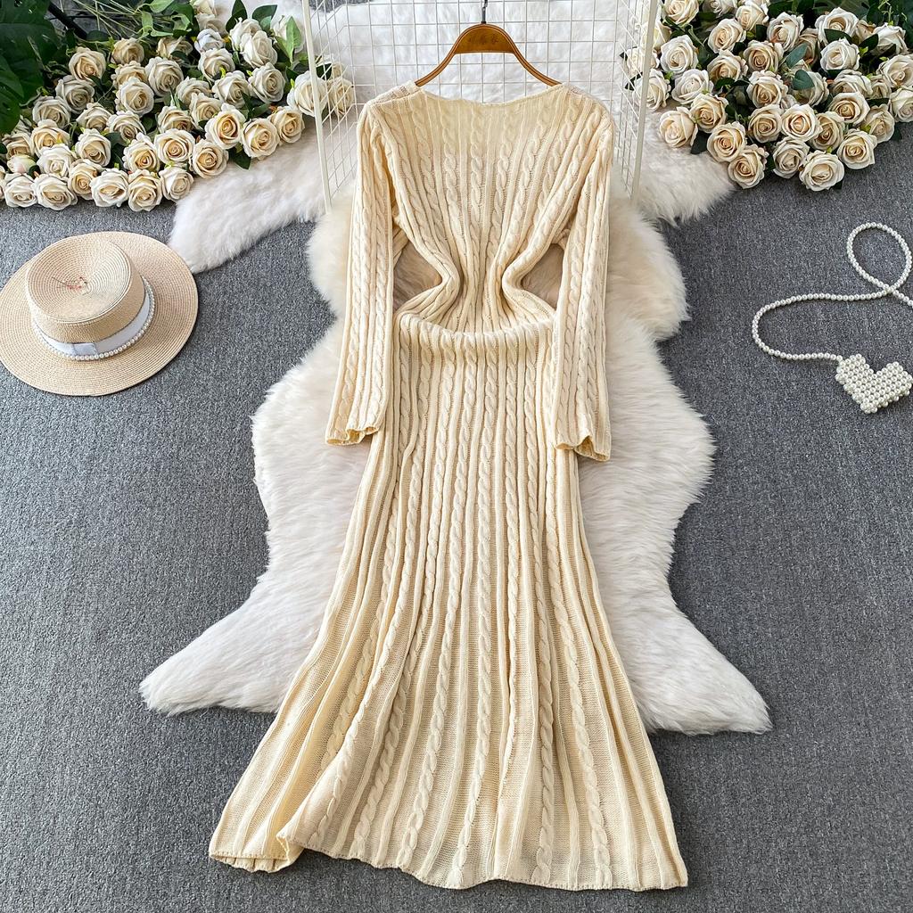 Retro V-Neck Thick-Knit Dress for Women Autumn Winter Elegant Solid Twist Jacqurd Slim Sweater Fishtail Dress