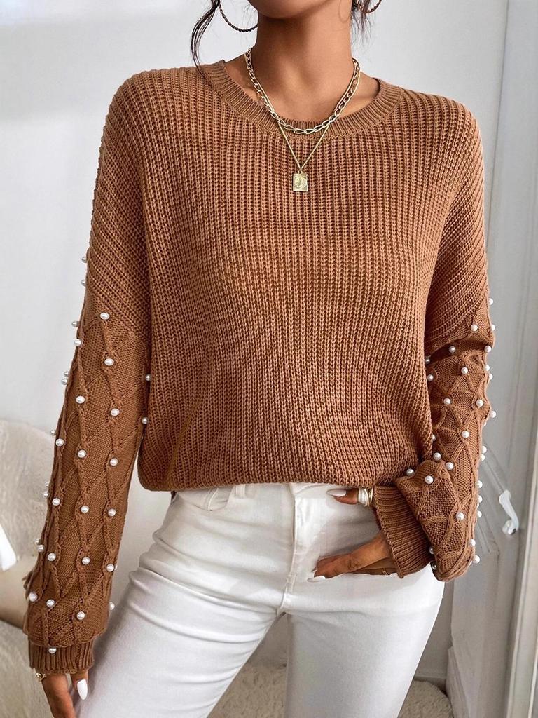 2025 Women's Winter Beaded Round-Neck Sweater - European & American Drop Shoulder Knit Pullover