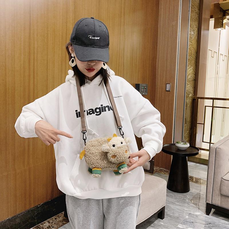 Cartoon Cute Cow Plush Shoulder Bag With Zipper Closure For Daily Use
