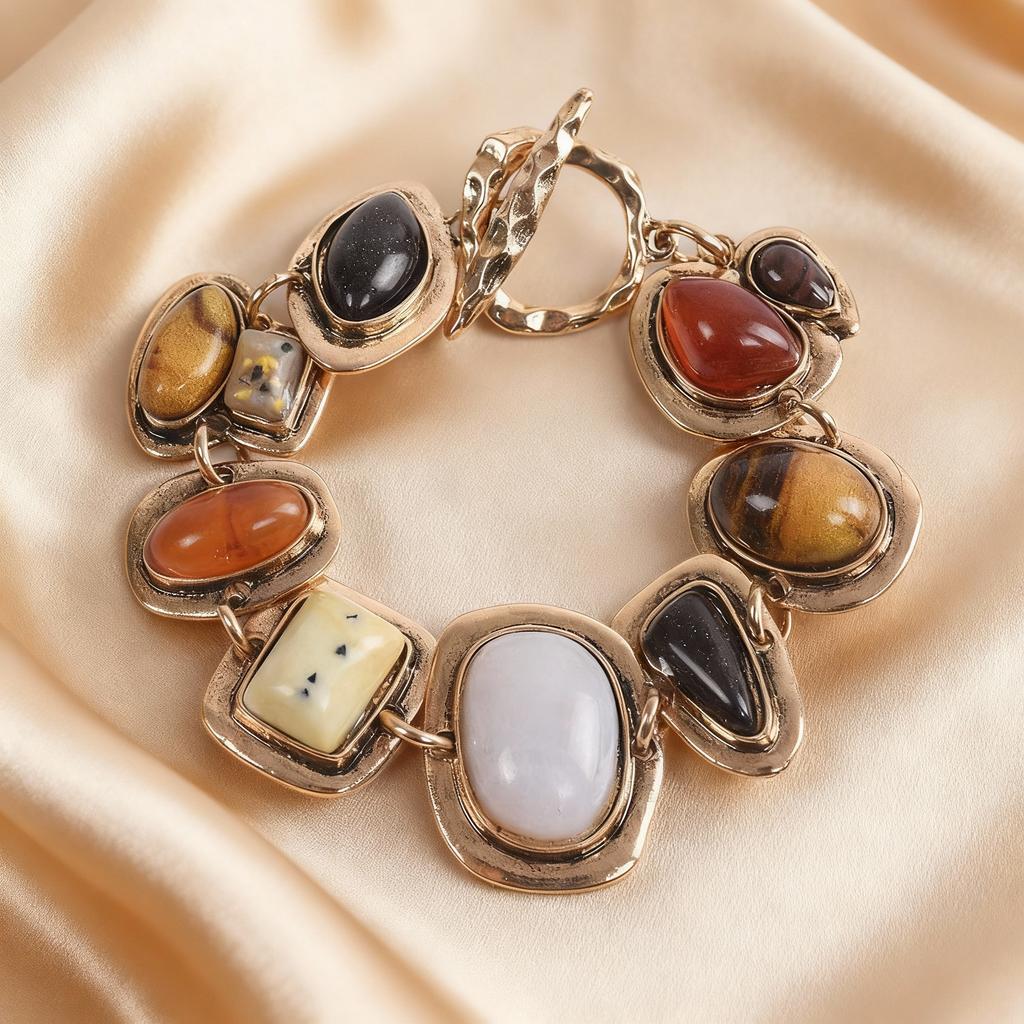 Boho Ethnic Style Vintage Resin Stone Charm Bracelets for Women Personality Punk Metal Gold Plated Irregular Bracelet Jewelry
