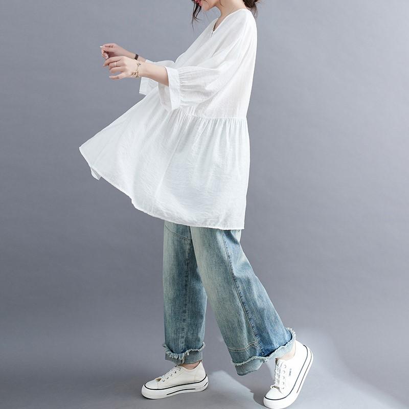 Johnature Summer Thin Simple Solid Color Women Tops Casual O-neck Loose Irregular Short Sleeve All Match Shirts