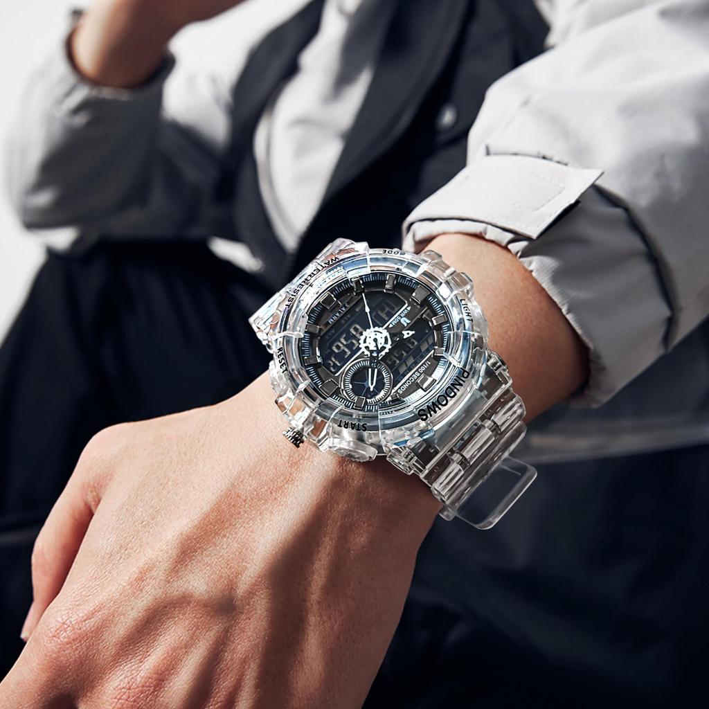 PINDOWS Transparent Gold Dual 50m Water LED Alarm and Perfect for Outdoor and Everyday Wear Men's Watch, Analog-Digital Time, Resistant, Backlight,