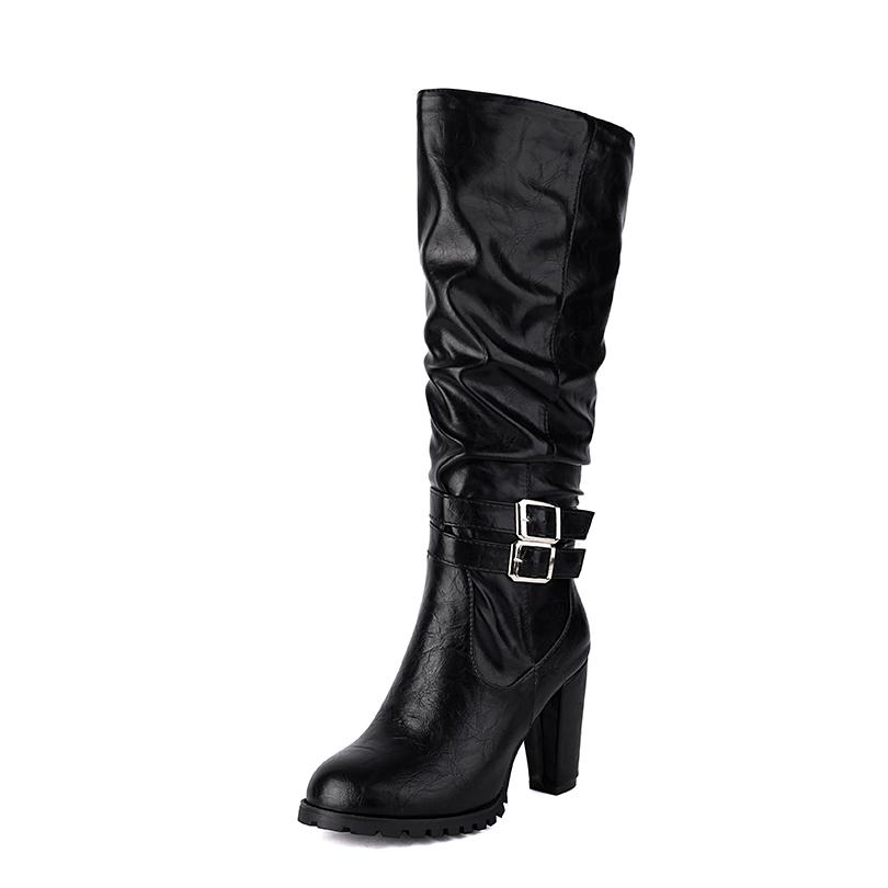 

Plus Size Double Row Metal Belt Buckle Round Head Ultra-High Thick Heel Side Zipper Knee High Boots Platform Fashion Long Boots 34 чорний