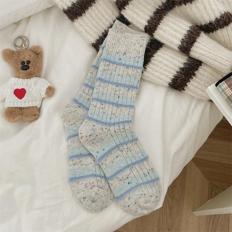 Striped Wool Socks Mid-Leg Socks Are Thickened And Fleece Warm Plush Dot Yarn Cashmere Long Stack Socks