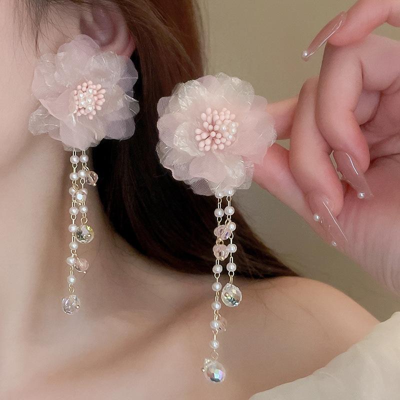 Sweet lace flower crystal imitation pearl tassel silver needle earrings elegant earrings