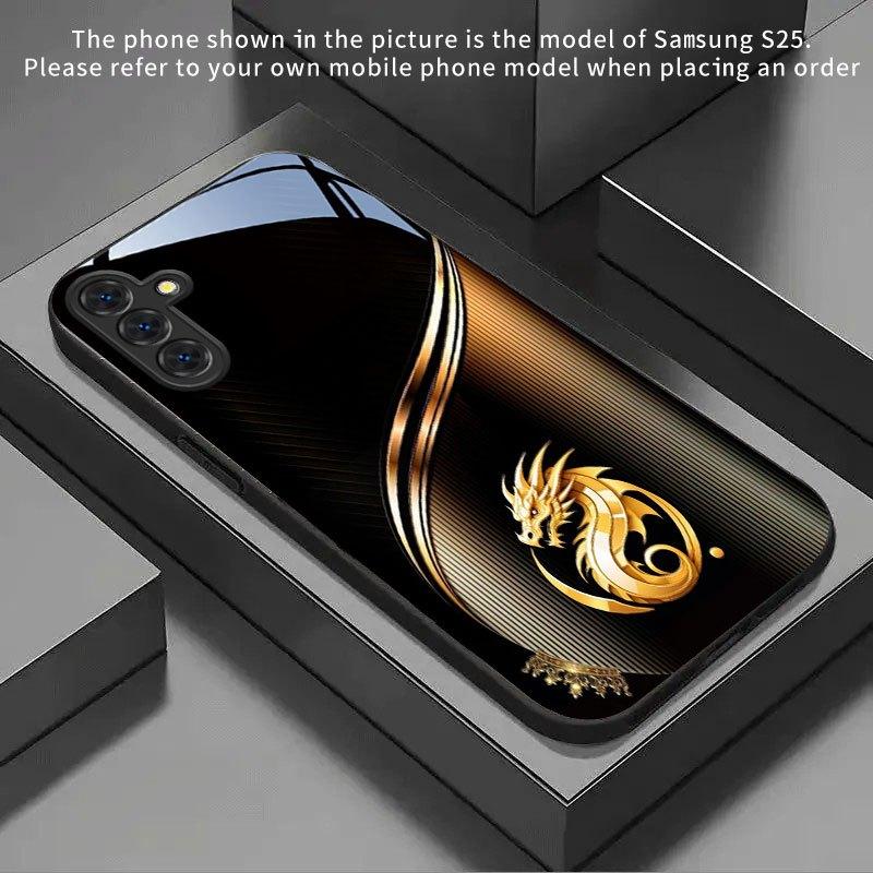 Black Gold Golden Dragon Pattern Glass Phone Case Suitable for Samsung Galaxy S26 S25 S24 S22 S21 S20 FE/Ultra/Plus Anti Drop