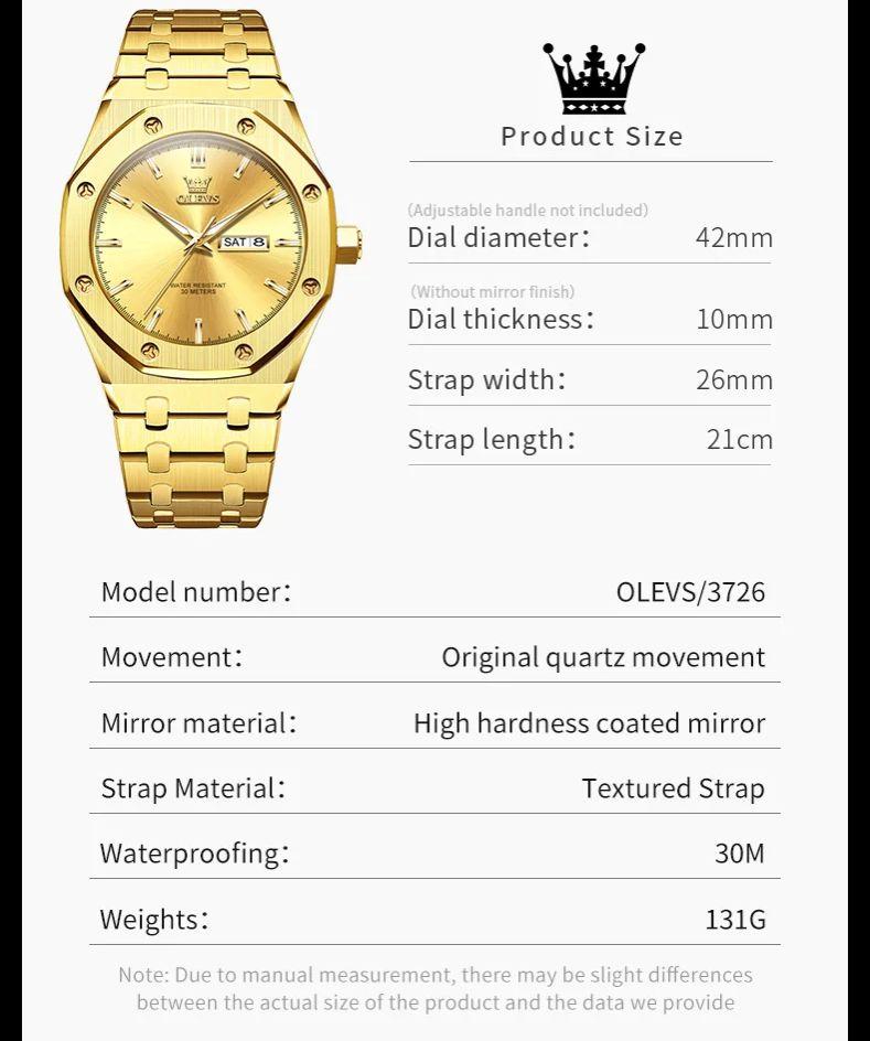 OLEVS 3726 Men's Watches Luxury Top Brand Original Quartz Wrist Watches For Man Luminous Waterproof Dual Calendar Man Watch New