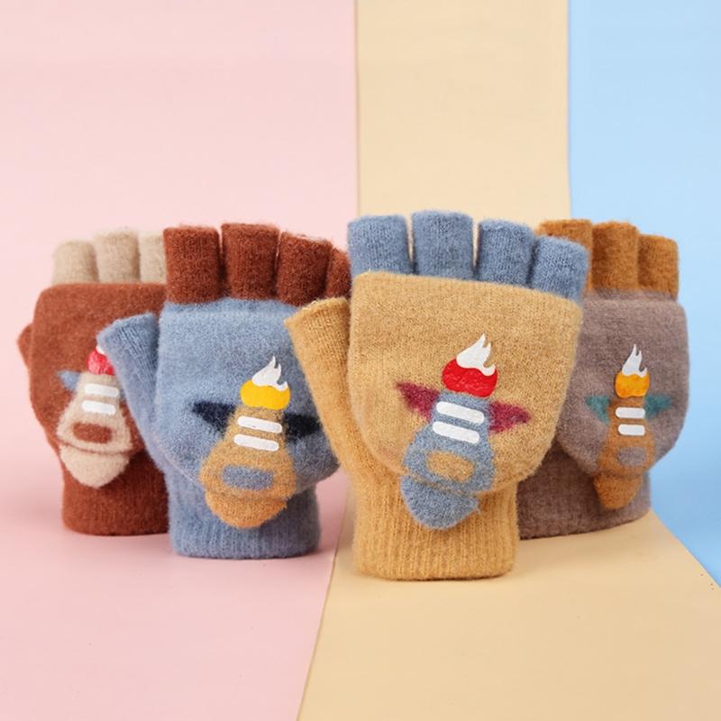 Convertible Gloves Winter Half Finger Mittens Stretchy Knit Fingerless Gloves with Soft Cover for Kids Teens Kawaii