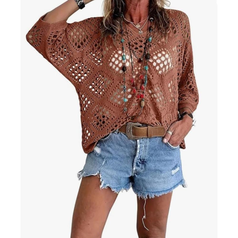 Women Spring Summer V-neck Diamond Hollow Out Batwing Sleeve Knit Sweater Loose Cover Up Blouse