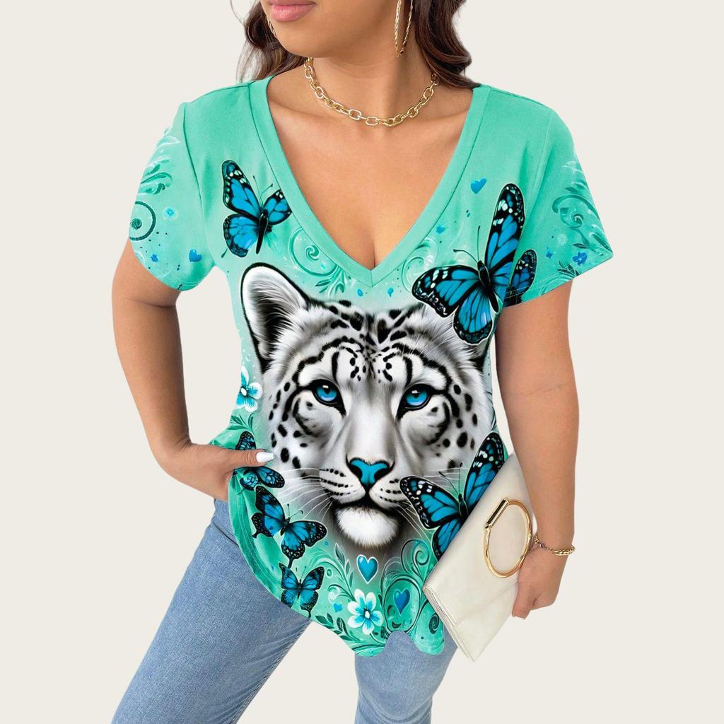 2025 Plus Size Women's V-Neck T-shirt with 3D Animal Print, Short Sleeves: European & American Style Casual Fashion