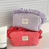 Berry Lace Trimmed Gingham Cosmetic Makeup Bag Large Capacity Portable Travel Organizer Women Student Ruffled Edge Makeup Pouch