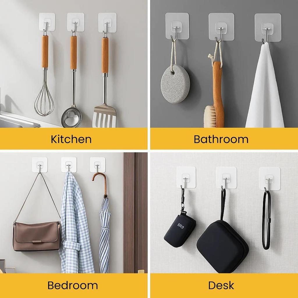 Big Size Transparent Wall Hooks for Hanging – Heavy Duty Stainless Steel Adhesive Hooks for Bathroom, Kitchen, Towel, Utensils & Keys – Waterproof