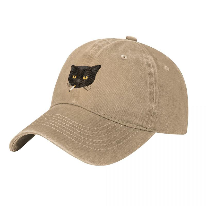 Black Cat Embroidered Washed Canvas Baseball Cap with Cool Feline Design for Casual Streetwear Style and Everyday Wear