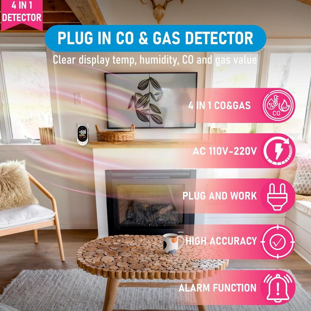 Upgraded Combination Natural Gas Leak Detector and Carbon Monoxide Detectors, 4-in-1 Plug-in Wall Design CO & Gas Detector with HD Screen&Indicator