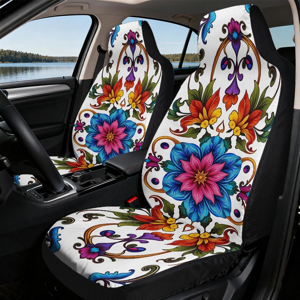2D Flat Printing, 2pcs Car Seat Covers Front Seat, Decorative Car Seat Covers, Floral Colorful Symmetry Print, Easy Installation