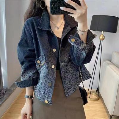 Damen Frühling und Herbst mit Baumwoll-Jeansjacke, langärmelig, Revers, kurze Bluse