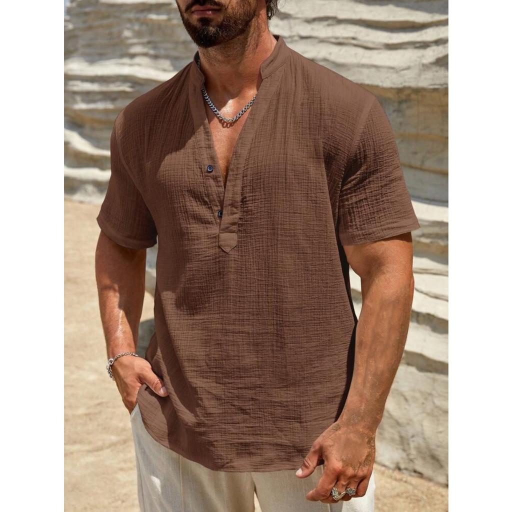 Ľanová pánska ležérna košeľa Henley Trendová a všestranná košeľa na plážovú dovolenku