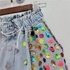 Thailand Tide Brand Summer New Heavy Industry Inlaid with Colored Diamond Beads High Waist Thin Wide Leg Denim Shorts Cross-border