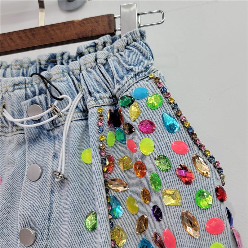 Thailand Tide Brand Summer New Heavy Industry Inlaid with Colored Diamond Beads High Waist Thin Wide Leg Denim Shorts Cross-border