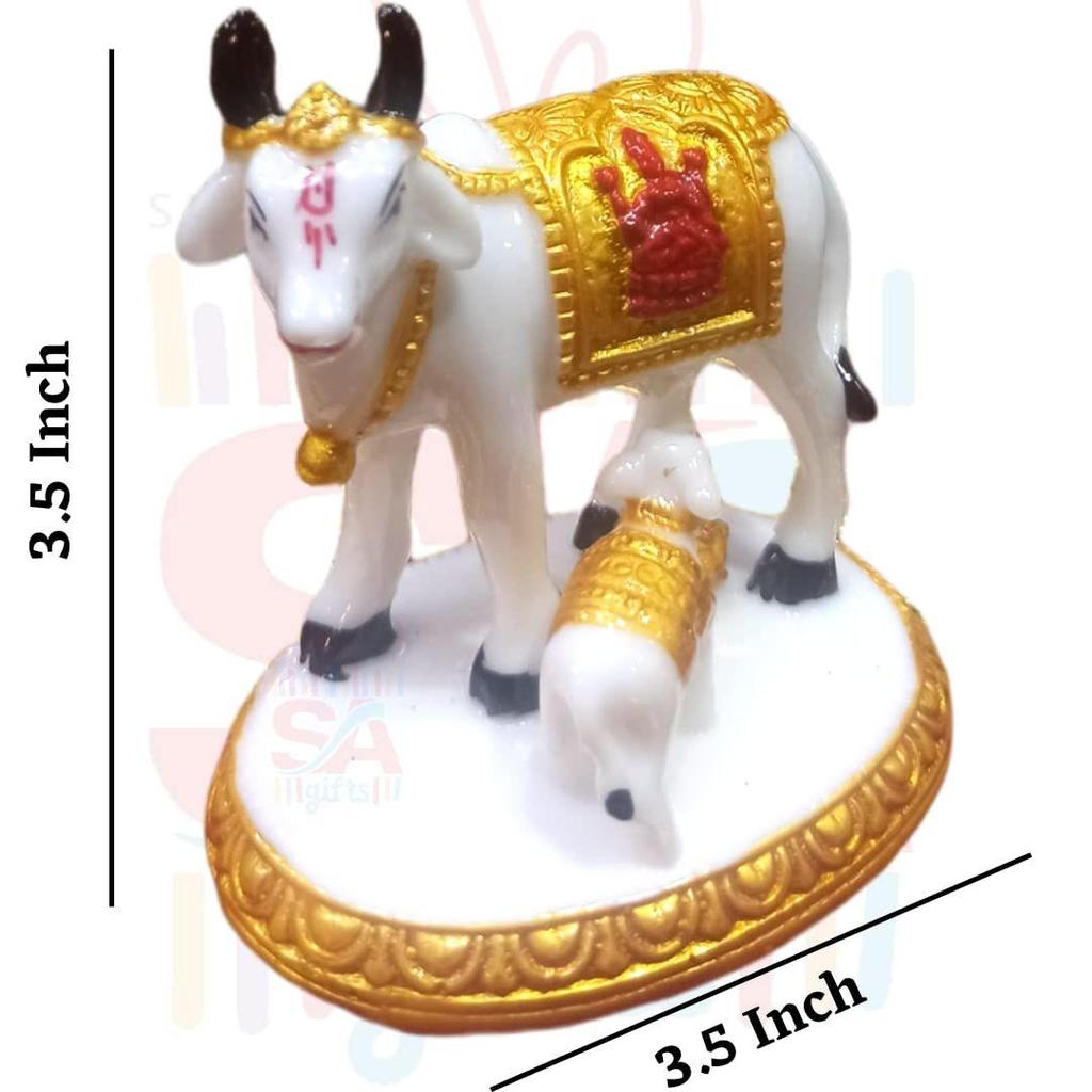 Handicraft Decorative Polystone Cow and Calf Big Statue/Idol for Gift Home Decor 3 inch (White Golden), Religious