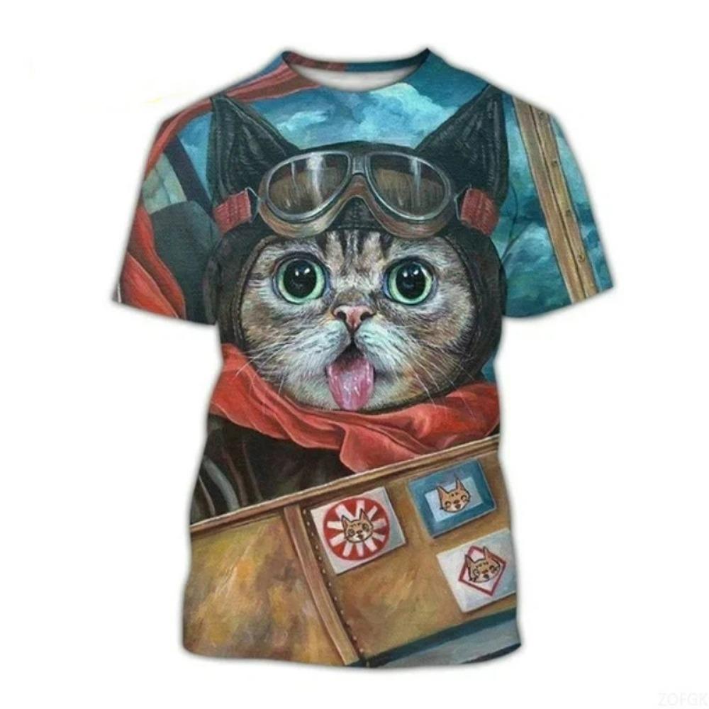 Summer Fashion Funny Street Style Pullover Cute Cat KidsT-shirt Casual Creative 3D Printing Animal Boys T-shirt Girl Round Neck T-shirt