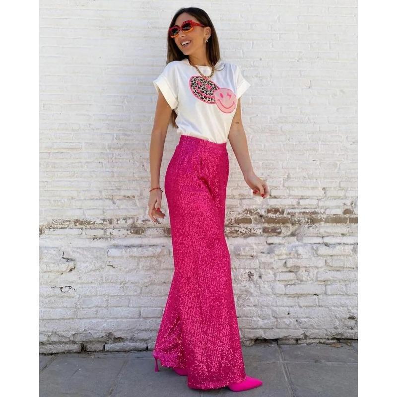 Calças femininas de verão com lantejoulas casuais e pernas retas