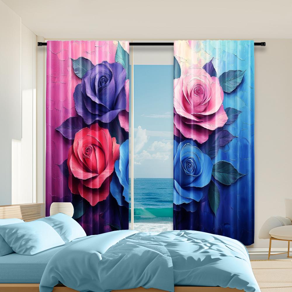 

Set Of 2 Versatile Polyester Transparent Curtains Home Decoration Colorful Roses Use Bedrooms Living Rooms Made Area Window Treatment W100*H70(CM)-Grommet top&2PCS