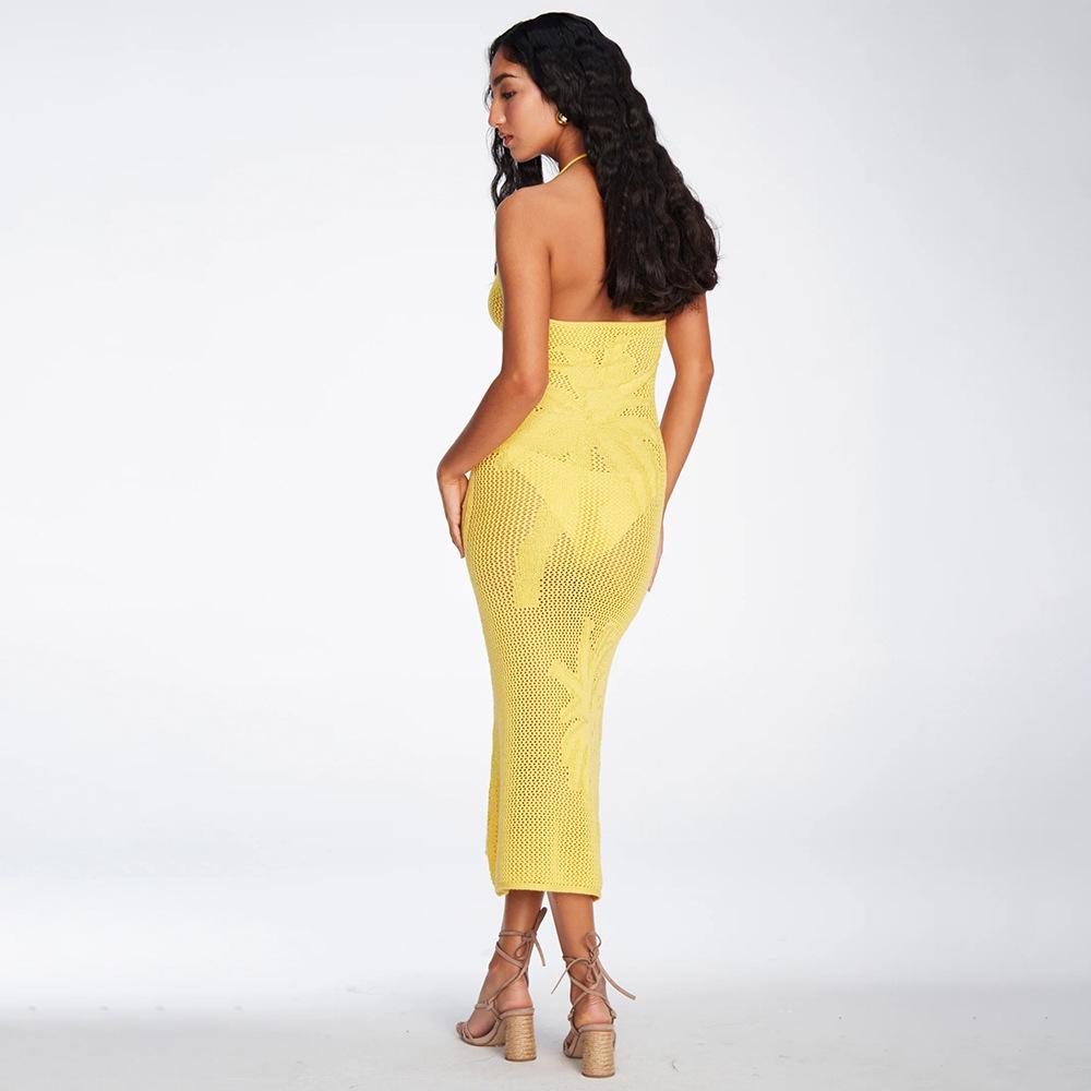 New Summer Solid Color Suspender Textured Hollow Low Neck Exposing Tight Shirt Dress