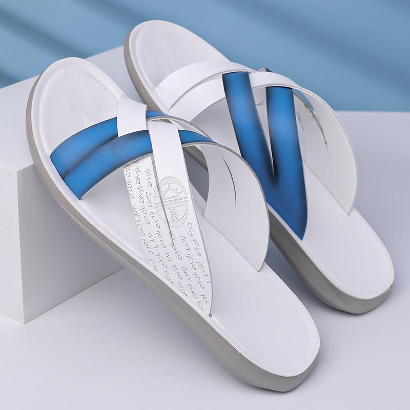 Herren Schwarz Leder Pantoffeln Handgemacht Einfache Flats Sommer Weiß Outdoor Römische Sandalen Offene Zehe Strandschuhe Übergröße