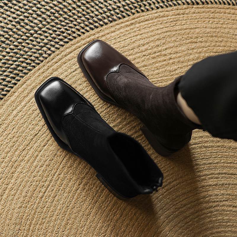 Krazing Pot Microfiber Flock Winter Square Toe Modern Size 33 Boots Size 43 Zipper KPOP Style Fashion Stretch Ankle Boots