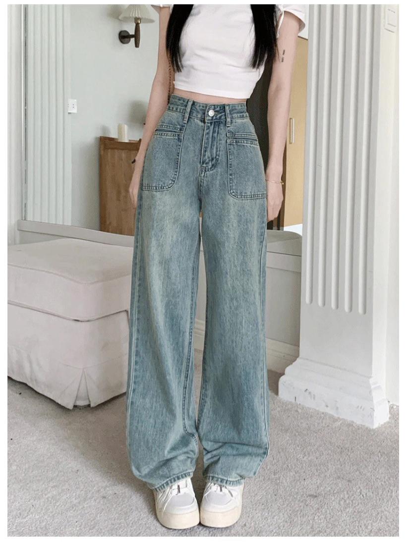 

Women s High-Waisted Drapey Mop-Length Summer Jeans, 2025 Slimming Loose Wide-Leg S светло-синий