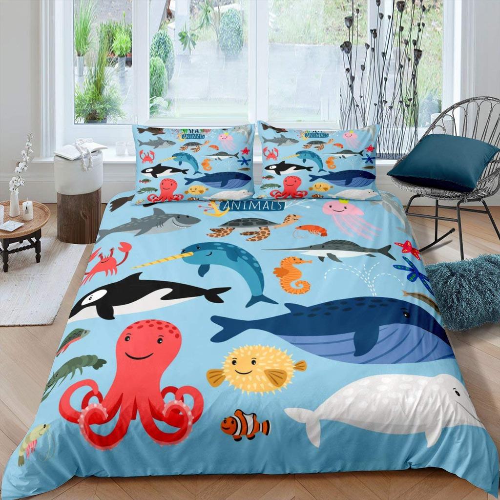 Cartoon Hai Königin Bettbezug Blaues Ozean Tier Thema Bettwäsche Set Für Kinder Jungen Mädchen Meeresleben 2/3tlg. Weicher Bettdeckenbezug