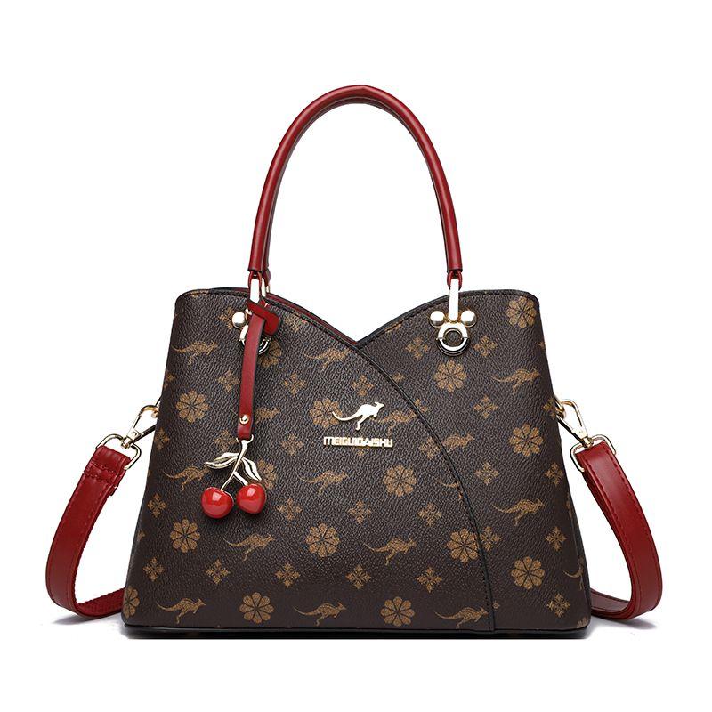 

Kangaroo Middle-Aged Large Capacity Fashion Genuine Leather Women Bag Brown Rose with Red