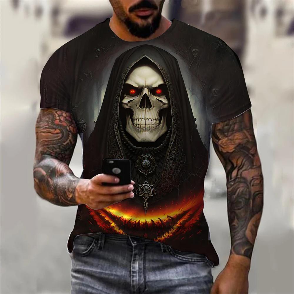 Summer Round Neck 3D Skull Graphic Print Top Fashionable Casual Short Sleeved Men's T-shirts