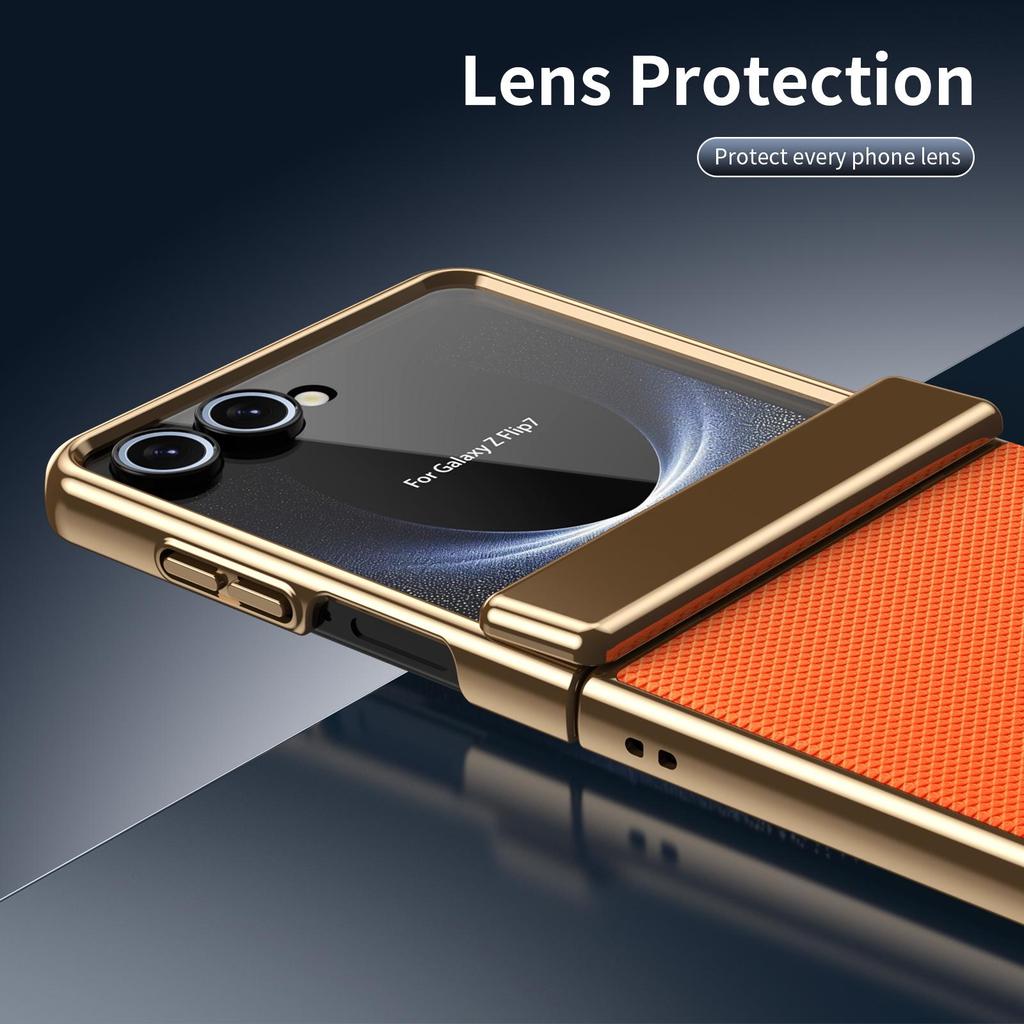 Cross-border Compatible Samsung Z Flip7 Electroplated Diamond Leather Phone Case with Foldable Full Coverage Hinge.