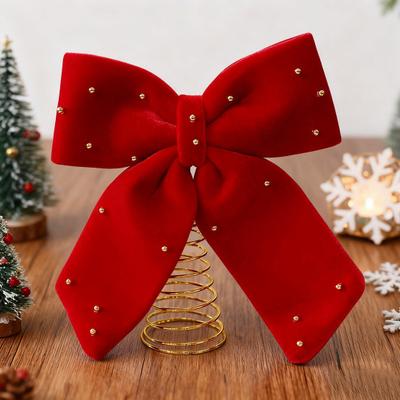 Velvet Christmas Tree Topper Bow Red Plush Bow with Metal Frame Base Festive Holiday Decor for Home Party Display
