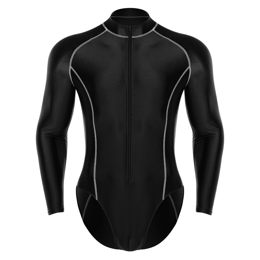 Pánský lesklý body overal s rolákem a dlouhým rukávem, zapínání na zip vpředu, trikot, kombinéza, ochranný obleček proti slunci, plavky na pláž a surfování