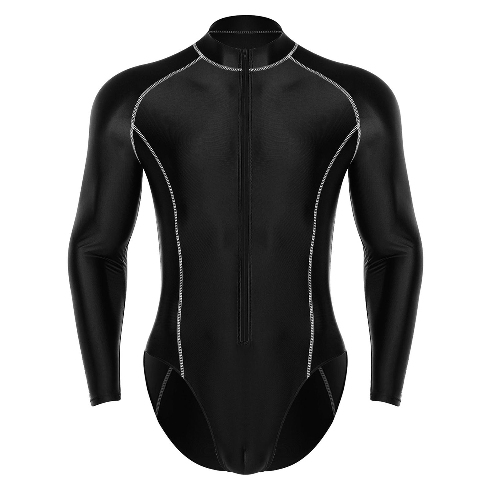 

Mens Glossy Bodysuit Mock Neck Long Sleeve Front Zipper Leotard Jumpsuit Rash Guard Beach Surfing Swimwear L чорний