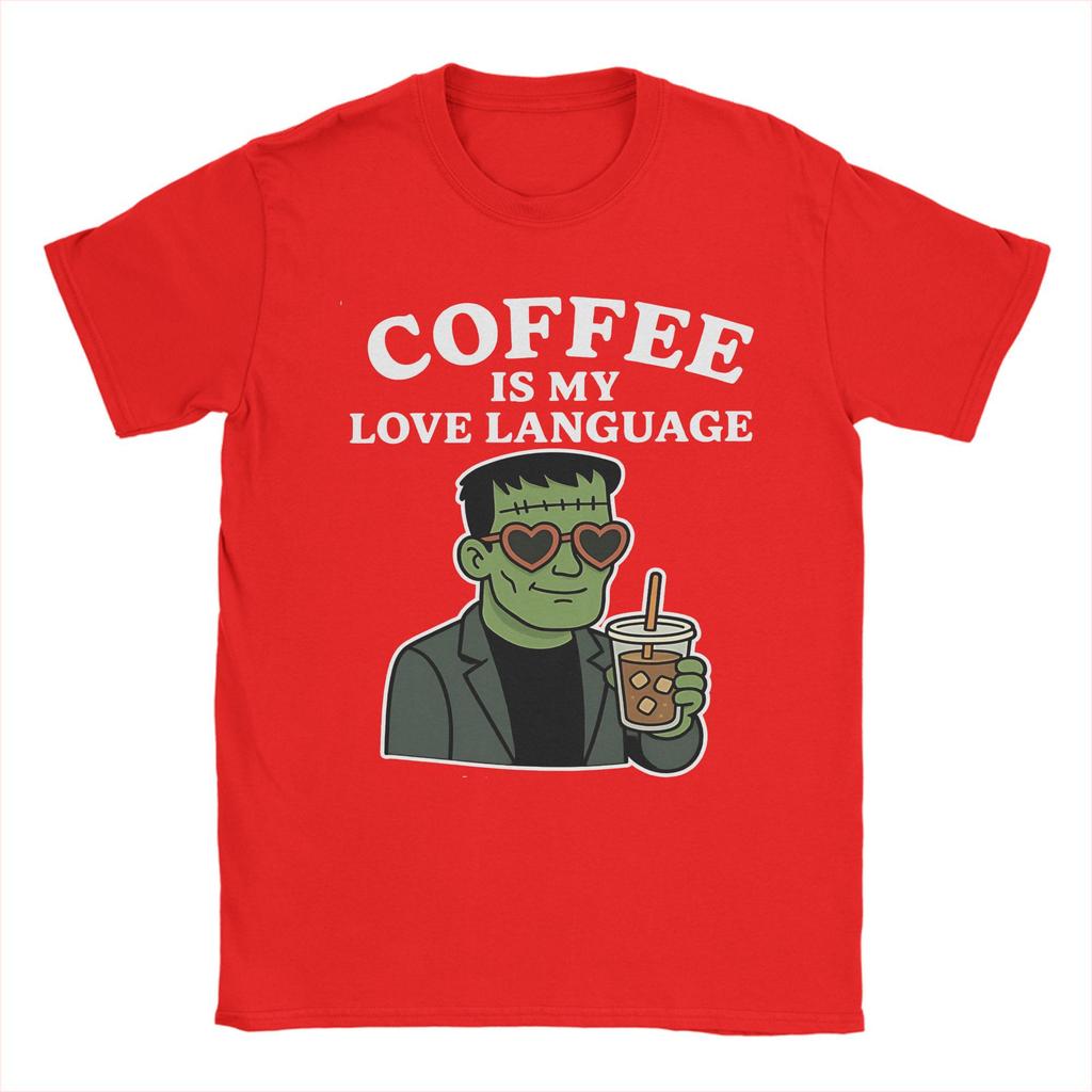 Priting Frankenstein Monster Love Coffee T-Shirt Men's Cotton Short Sleeve Round Neck Summer Clothing