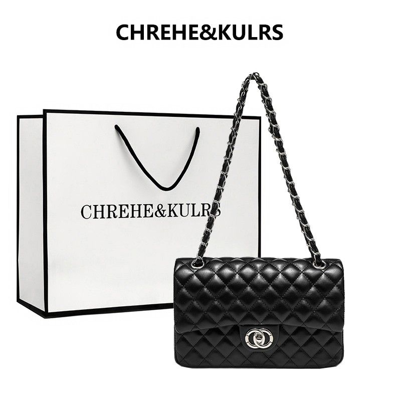 

Chrehe & Kulrs Women s Bag 2024 Fall and Winter New Arrival Classic Style Quilted Chain Bag Small Square Bag Shoulder Messenger Bag Black [counter genuine goods collection gift bag]]