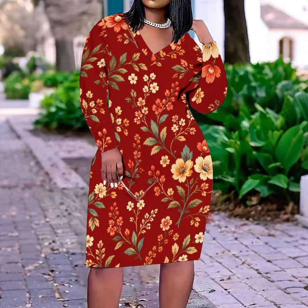 Women Plus Size V Neck Long Sleeve Printed Blue Straight Dress