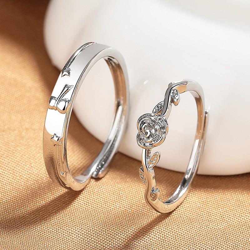 Sterling Rose Flower Couple Ring Set Adjustable Opening Minimalist Fashion Jewelry Men Women