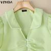 VONDA Women Lapel Collar Short Sleeve Twisted Lace Hem Casual Cropped Blouse