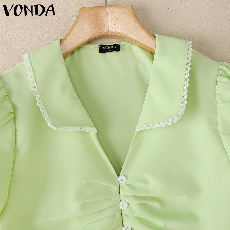 VONDA Women Lapel Collar Short Sleeve Twisted Lace Hem Casual Cropped Blouse