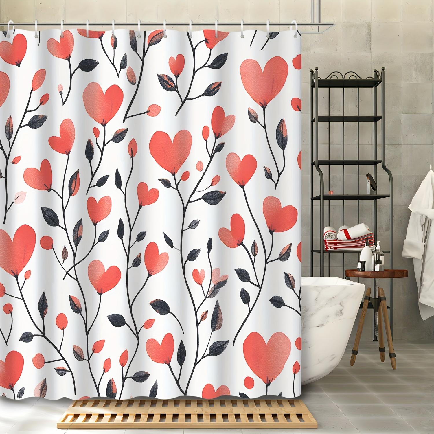 1pc Red Heart Plant Red Heart Anniversary Wedding Leaf Shower Curtain with Hooks, Polyester Fabric, Machine Washable 90X180cm