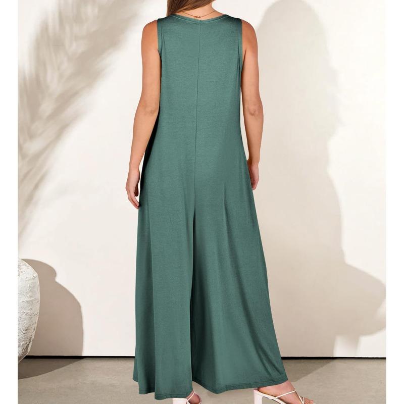 Women's Fashion Casual Summer Spring Solid Color Print Sleeveless V-Neck Loose Waistline Trousers Jumpsuits & Rompers
