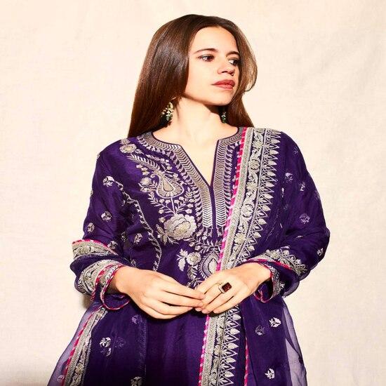 Royal Purple Thread Embroidered Straight Suit Set