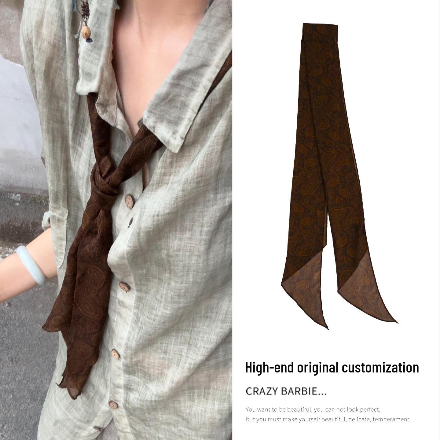 

Винтажный коричневый шарф из шелкового шифона с узором пейсли: Узкий, Длинный, Узкий Аксессуар для Шеи для Осени и Зимы